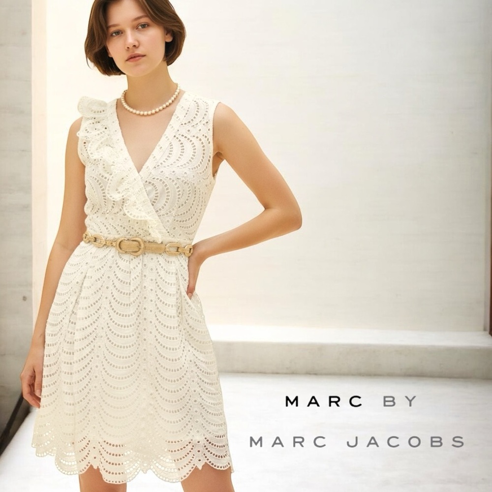 MARC BY MARC JACOBS Cream Eyelet Embroidered Ruffle Detail Sleeveless Dress Sz 0